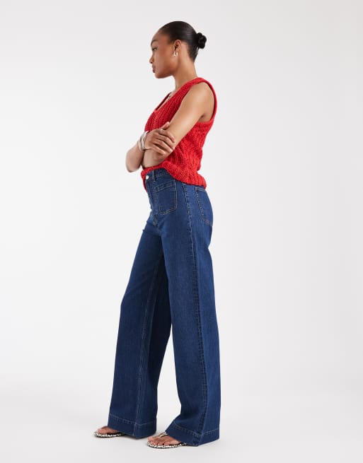 ASOS DESIGN Tall high waist wide leg jeans with front pockets in dark wash blue, 2 of 5