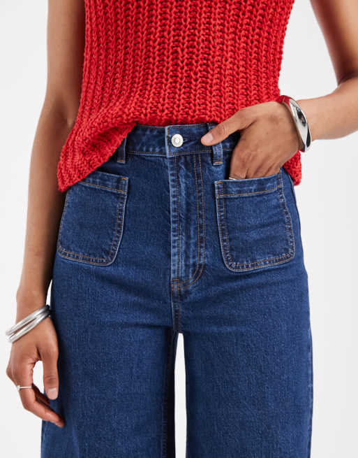 ASOS DESIGN Tall high waist wide leg jeans with front pockets in dark wash blue, 5 of 5