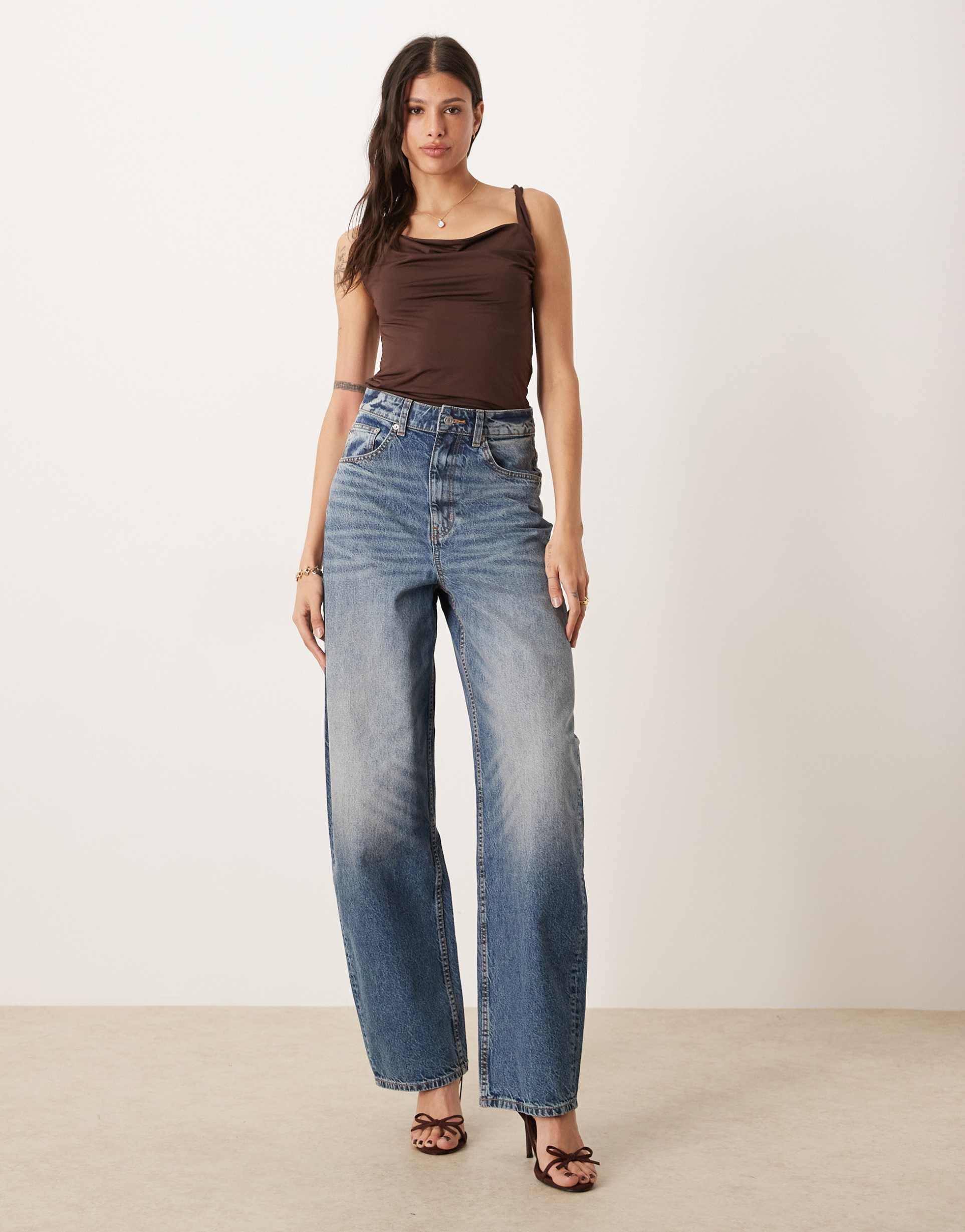 asos design tall high waisted barrel leg jeans in dark mid wash circular design collection