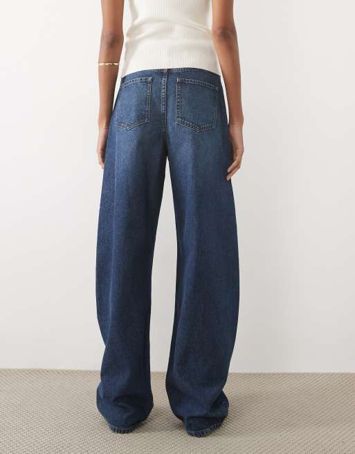 ASOS DESIGN Tall high waisted barrel leg jeans in dark wash blue, 2 of 5