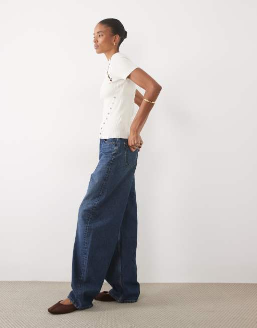 ASOS DESIGN Tall high waisted barrel leg jeans in dark wash blue, 3 of 5