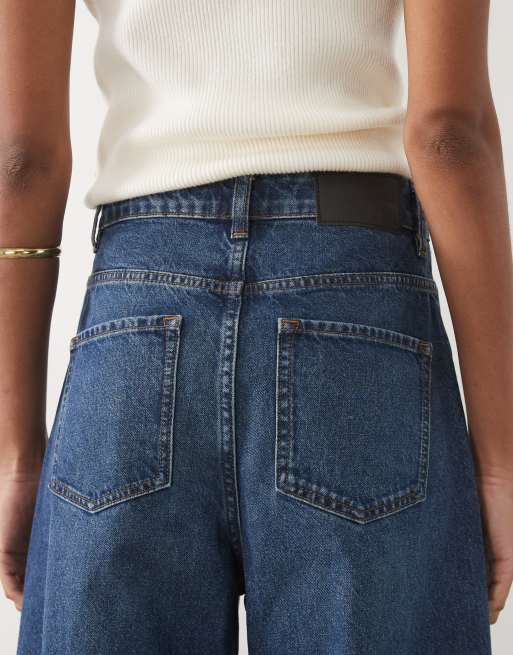 ASOS DESIGN Tall high waisted barrel leg jeans in dark wash blue, 4 of 5