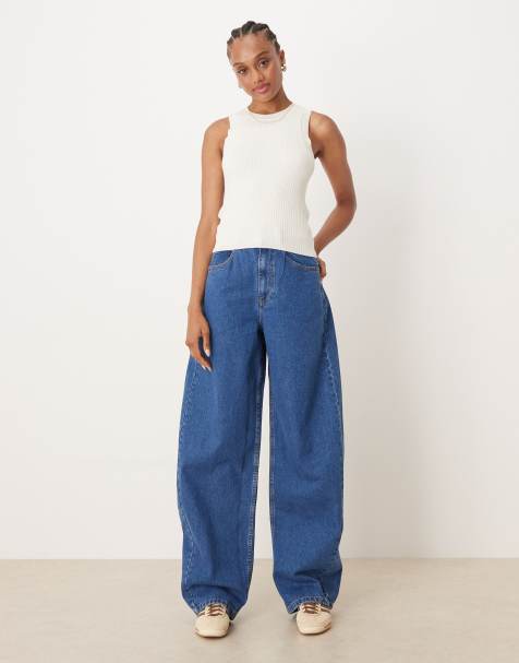 ASOS DESIGN Tall high waisted barrel leg jeans in mid blue - view 1