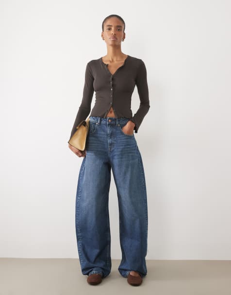 ASOS DESIGN Tall high waisted barrel leg jeans in mid wash blue - view 1