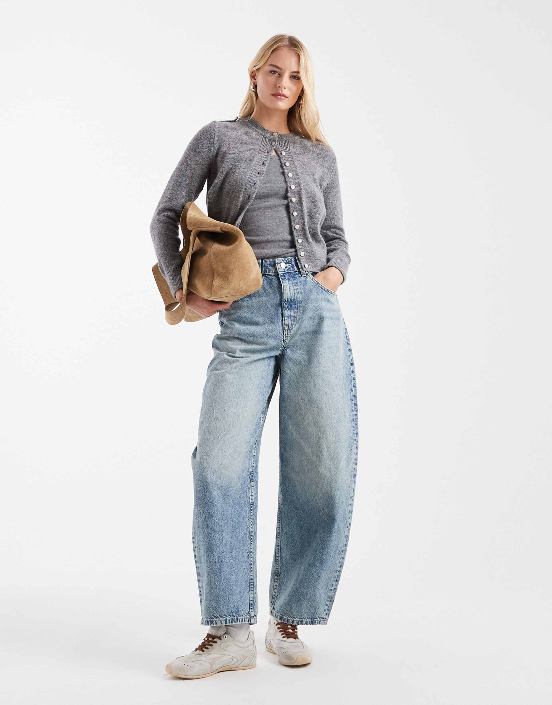 asos design tall high waisted barrel leg jeans in pale vintage wash