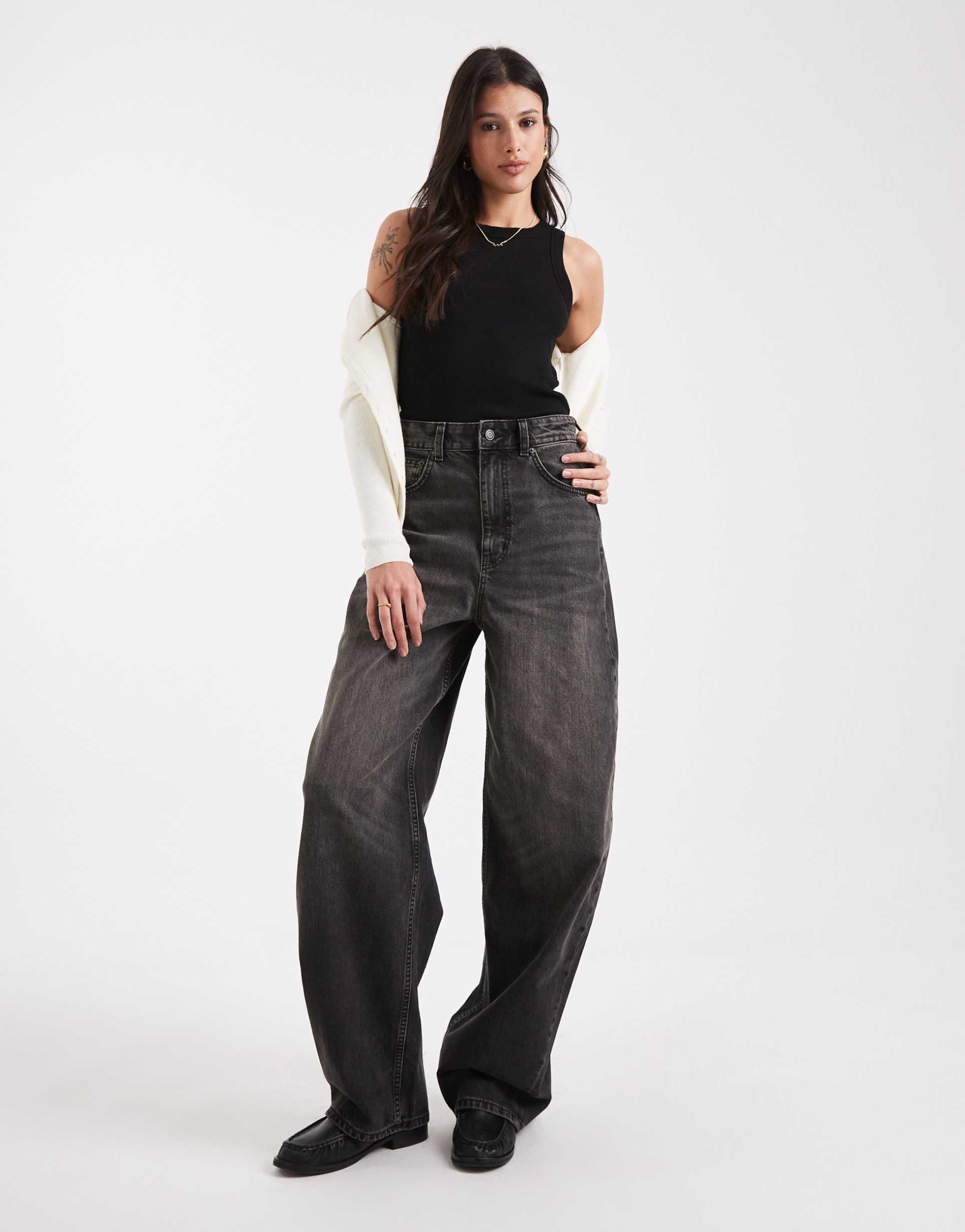 asos design tall high waisted barrel leg jeans in washed charcoal