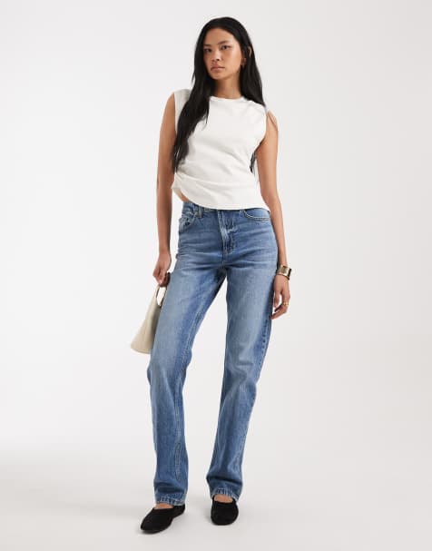 ASOS DESIGN Tall high waisted slim straight jeans in mid blue 