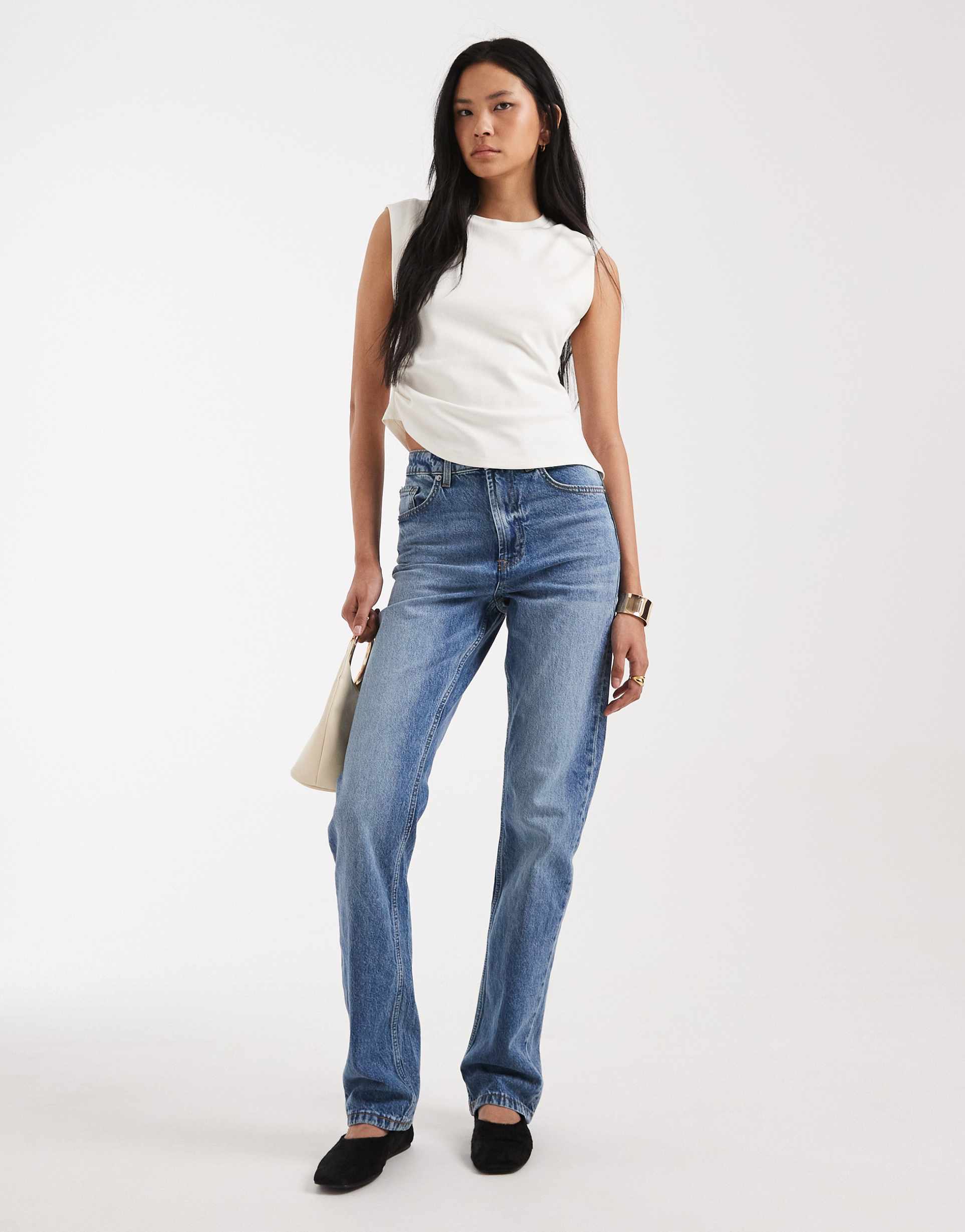 asos design tall high waisted slim straight leg jeans in mid blue
