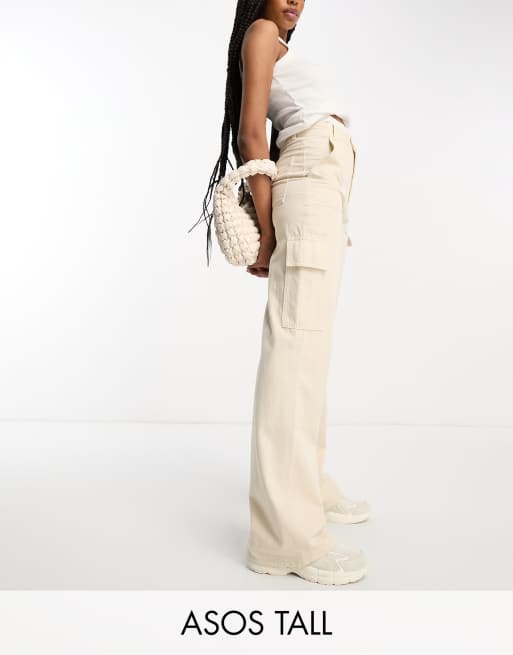 Pull&Bear high waisted straight leg cargo pants in beige