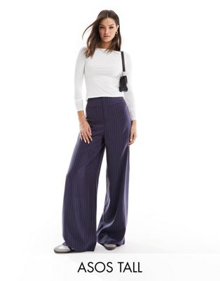 Asos Design Tall High Waisted Stripe Pants In Navy