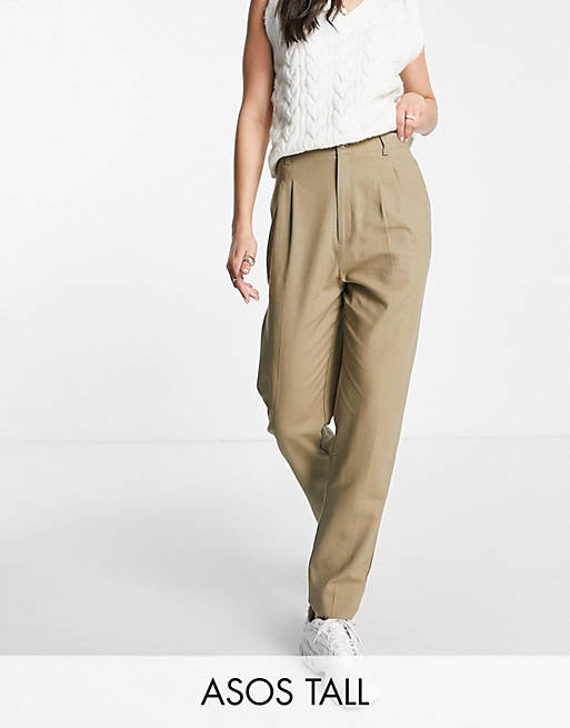 ASOS DESIGN Tall high waisted tapered trousers in olive linen