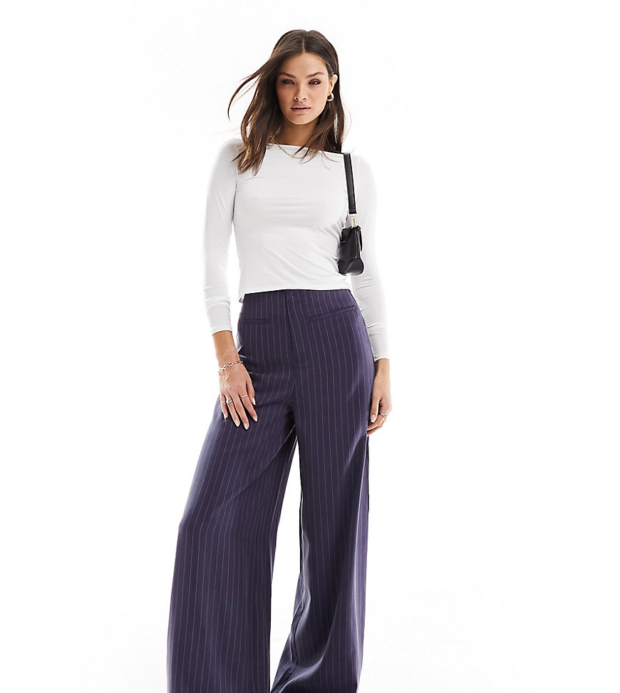 ASOS DESIGN Tall high waisted wide leg trouser trouser with raw edge detail in navy stripe