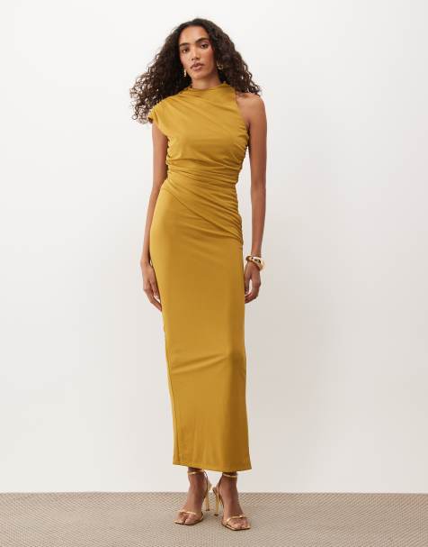 ASOS DESIGN Tall højhalset asymmetrisk maxikjole med rynkedetaljer i tobacco - view 1