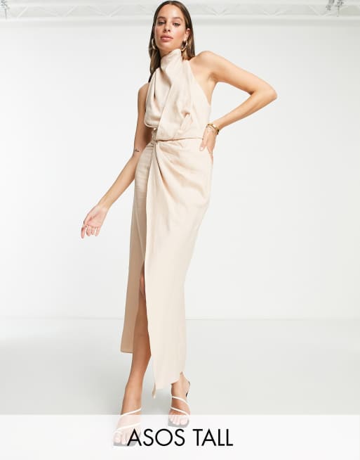 ASOS DESIGN Tall - Højhalset midikjole med plisseret front i beige hør