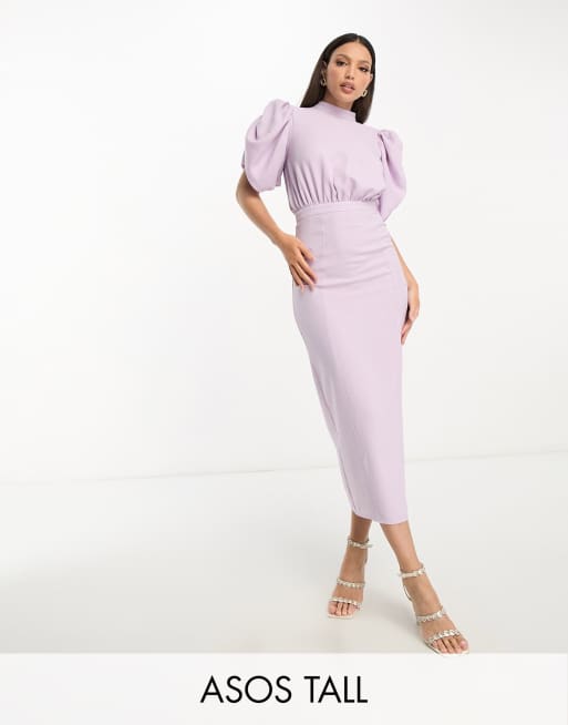 ASOS DESIGN Tall - Højhalset midikjole med voluminøse ærmer og skræddersyet nederdel i lyslilla
