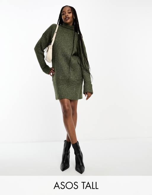 ASOS DESIGN Tall - Højhalset mini-sweaterkjole i kakigrøn strik
