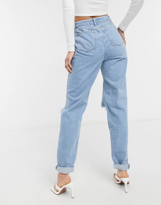 ASOS DESIGN Tall - Højtaljet 'original' mom jeans i mellemblå vask med huller, 2 af 4