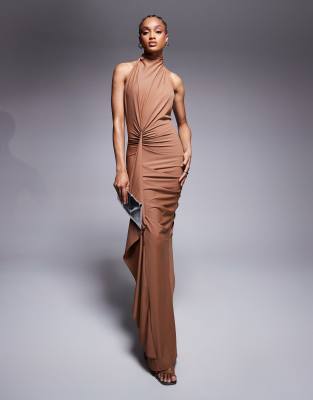 ASOS DESIGN Tall - Hochgeschlossenes, drapiertes Maxikleid in Schokobraun aus Jersey mit Rüschen