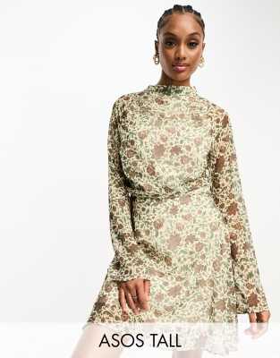 ASOS DESIGN Tall - Hochgeschlossenes kurzes Freizeitkleid mit Blumenmuster-Bunt