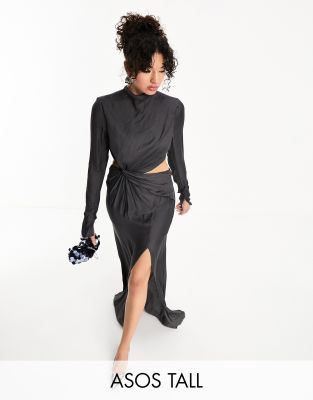 ASOS DESIGN Tall - Hochgeschlossenes Maxikleid in Anthrazit mit verdrehter Taille-Bunt