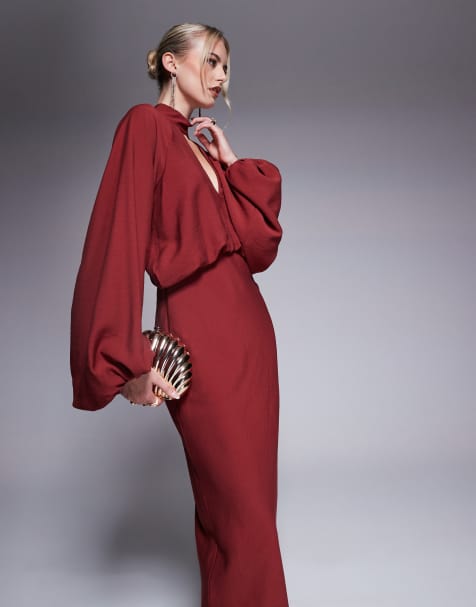 ASOS DESIGN Tall – Hochgeschlossenes Maxikleid in Braun mit tiefem Ausschnitt und Blousonärmeln - view 1