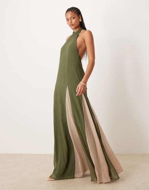 ASOS DESIGN Tall – Hochgeschlossenes Maxikleid in Dunkelgrün aus Chiffon mit kontrastierendem Godet-Rockteil - view 1