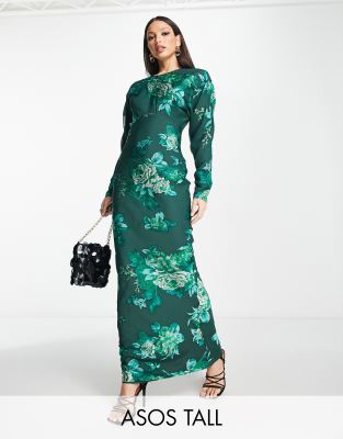 ASOS DESIGN Tall - Hochgeschlossenes Maxikleid in Grün mit floralem Ausbrennermuster-Bunt