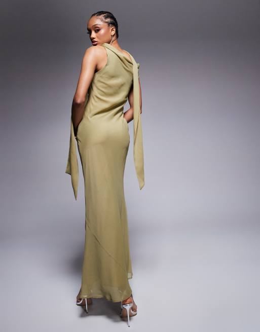 ASOS DESIGN Tall – Hochgeschlossenes Maxikleid in Olivgrün mit Schal-Detail, 2 von 4