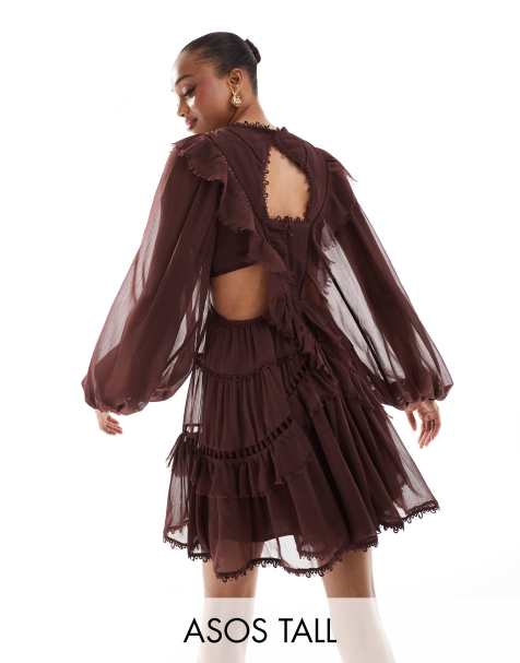 ASOS DESIGN Tall – Hochgeschlossenes Minikleid in Schokoladenbraun mit Spitzeneinsatz und Rüschen - view 1