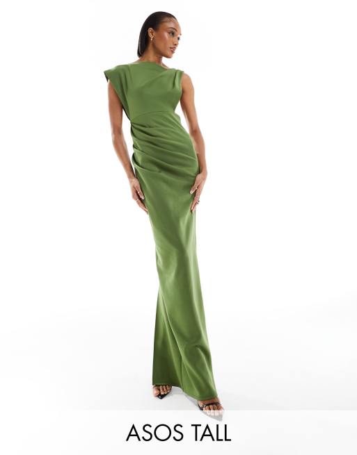 ASOS DESIGN Tall – Hochgeschlossenes, minimalistisches Maxikleid in Olivgrün mit asymmetrischem Schnitt