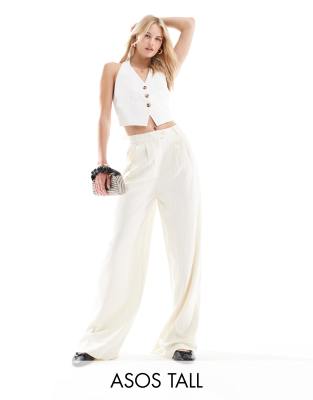 ASOS DESIGN Tall - Hochwertige, elegante Hose in Creme gestreift mit weitem Bein-Bunt