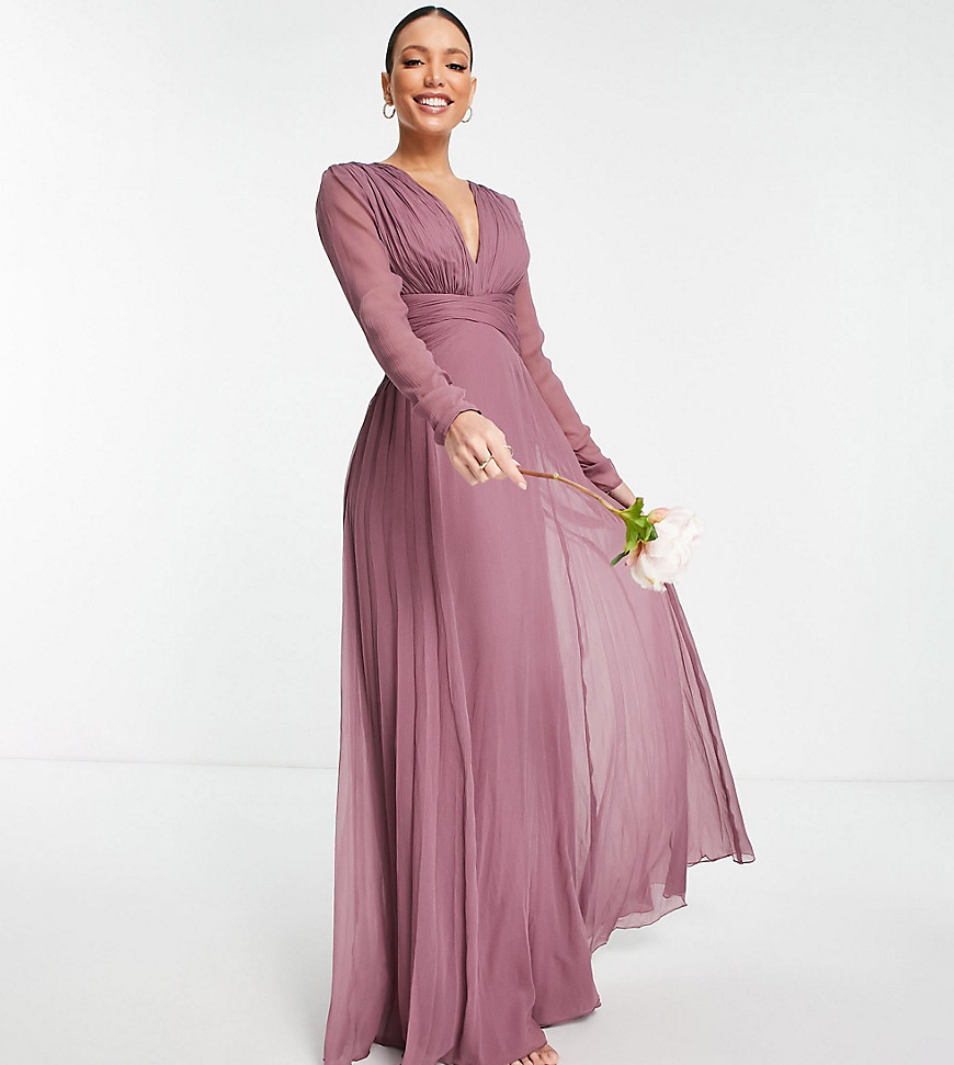 ASOS DESIGN Tall – Hochzeit – Langärmliges Brautjungfern-Maxikleid mit geraffter Taille und Plisseerock in der Farbe Malve-Violett
