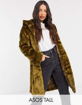 Black hooded faux discount fur midi coat