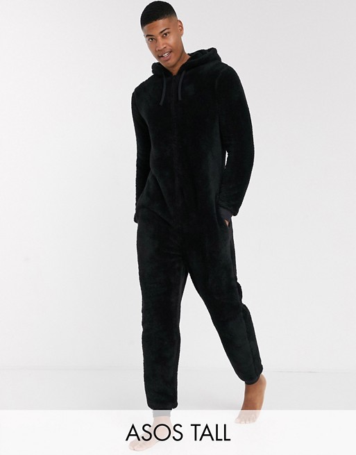 ASOS DESIGN Tall hooded lounge fleece onesie in black