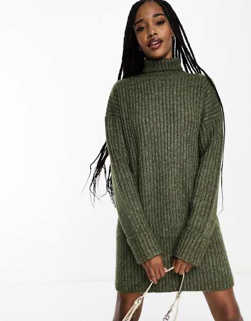 ASOS DESIGN Tall Hoogsluitende gebreide mini trui jurk in kaki ASOS