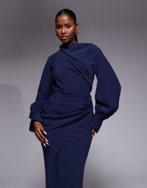 ASOS DESIGN Tall - Hoogsluitende gedrapeerde maxi jurk met gedrapeerde rok in marineblauw, 2 van 4