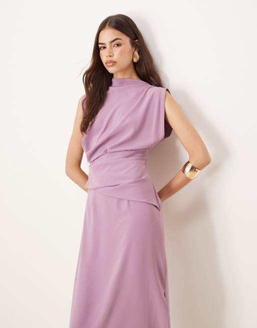 ASOS DESIGN Tall - Hoogsluitende gedrapeerde midi jurk met plooien in druiven paars, 4 van 4