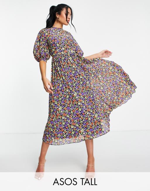 ASOS DESIGN Tall - Hoogsluitende geplooide midi-jurk met pofmouwen in felgekleurde bloemenprint