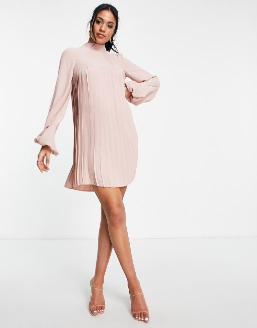 ASOS Design Tall - Hoogsluitende, geplooide mini jurk met A-lijn in vaalroze, 4 van 4
