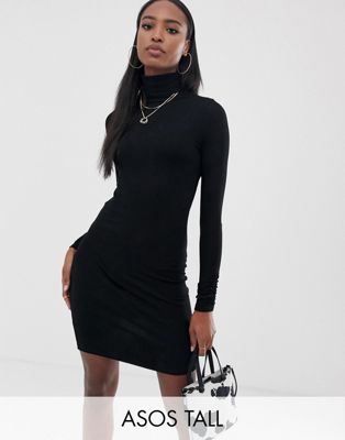 Asos Tall - Asos design - tall - hoogsluitende korte bodycon-jurk met ribbels en lange mouwen-zwart