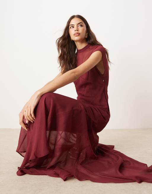 ASOS DESIGN Tall - Hoogsluitende maxi jurk met zakdoekzoom in donker kersenrood, 3 van 4