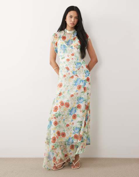 ASOS DESIGN Tall - Hoogsluitende maxi jurk van chiffon met zakdoekzoom en bloemenprint in rood - view 1