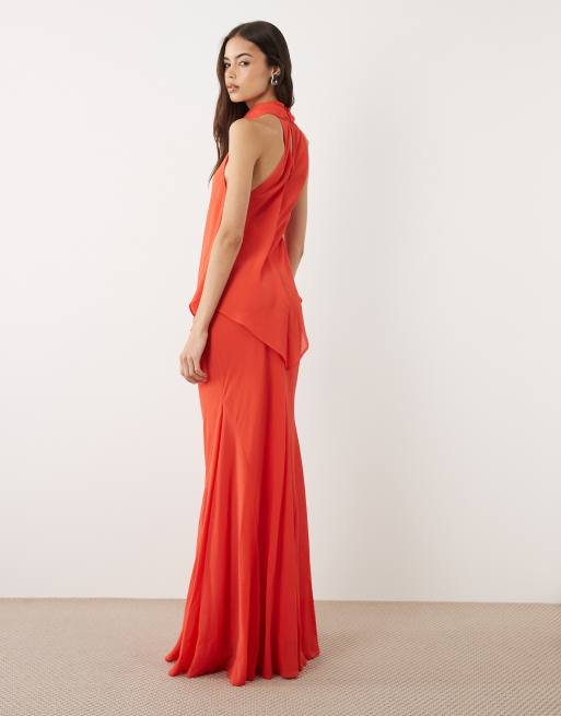 ASOS DESIGN Tall - Hoogsluitende maxi jurk van gelaagd chiffon in rood, 4 van 4