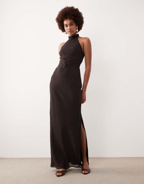 ASOS DESIGN Tall - Hoogsluitende midi jurk van chiffon in chocoladebruin - view 1