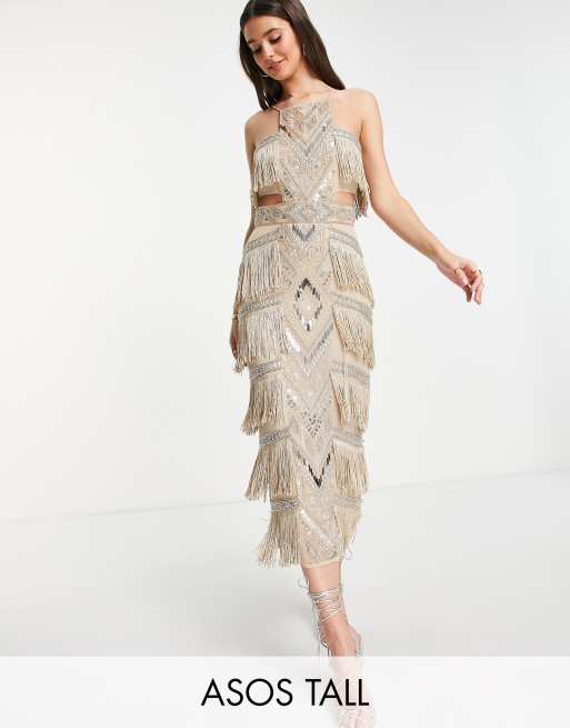 ASOS DESIGN Tall - Hoogsluitende versierde kokerjurk met franjes