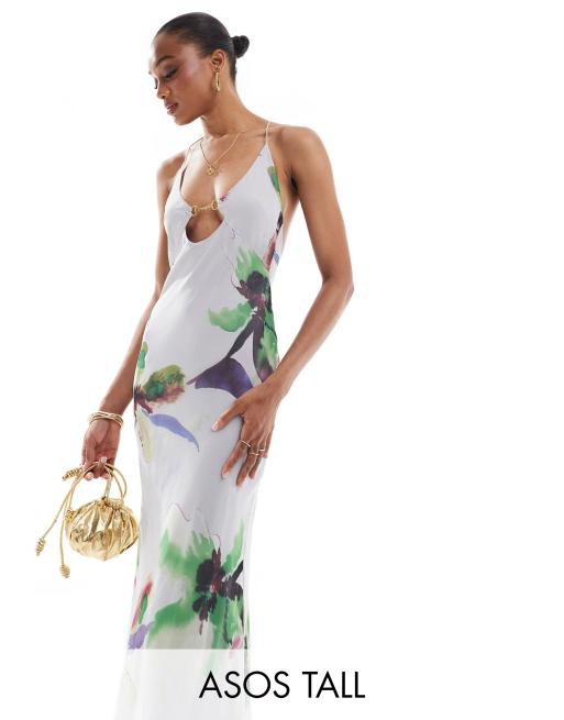 ASOS DESIGN Tall - Hvid cami-maxikjole med over brystet og blomstermønster i satin