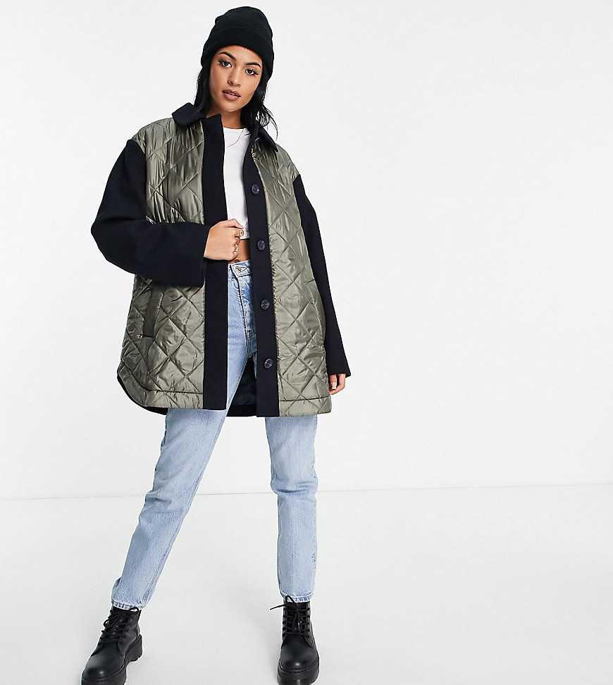 ASOS DESIGN Tall hybrid quilted shacket in khaki and navy-Blues