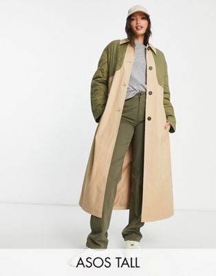 ASOS DESIGN Tall hybrid quilted trench coat in khaki