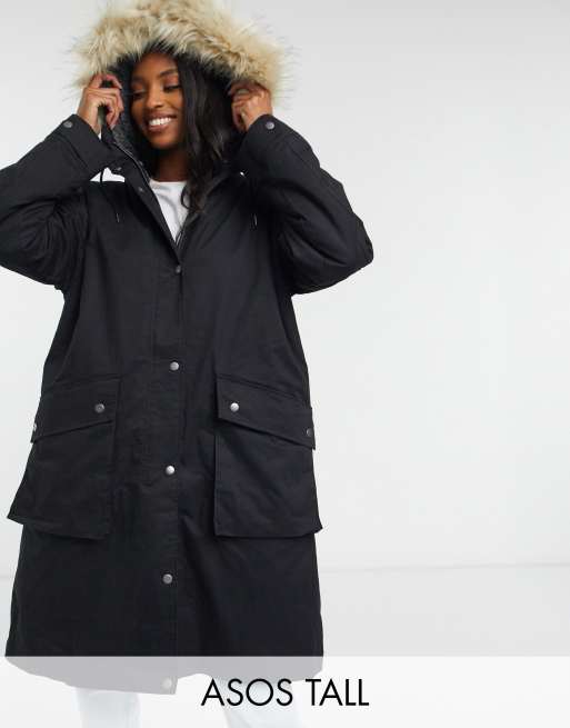 ASOS DESIGN Tall - Imitatiebonten gevoerde parka in zwart