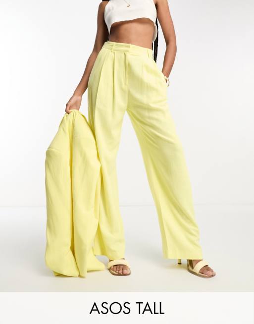 ASOS DESIGN Tall inverted pleat wide leg suit pants with linen in lemon